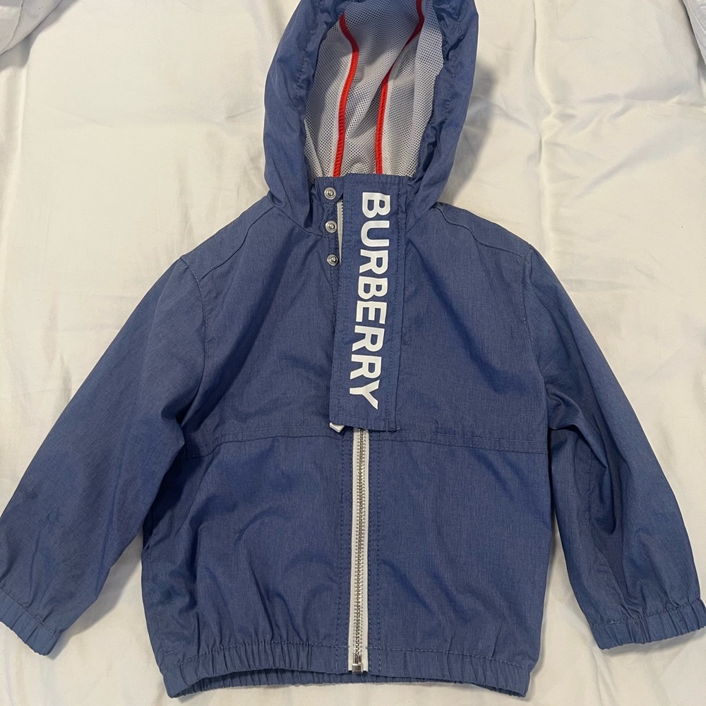Burberry Blue Kids Hooded Zip Jacket with Logo Storm Flap